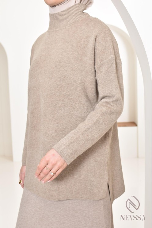Modest loose knit sweater, stand-up collar, hijabi modest outfit