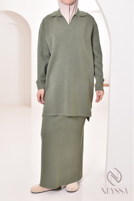 Ensemble 2 pièces femme jupe et haut long façon polo, outfit hiver 