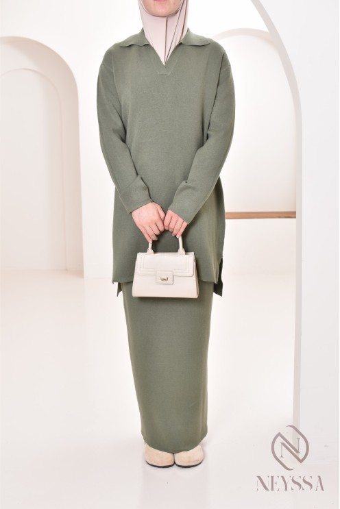 Ensemble 2 pièces femme jupe et haut long façon polo, outfit hiver 