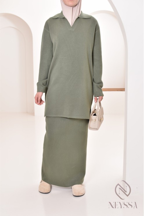 Ensemble 2 pièces femme jupe et haut long façon polo, outfit hiver 