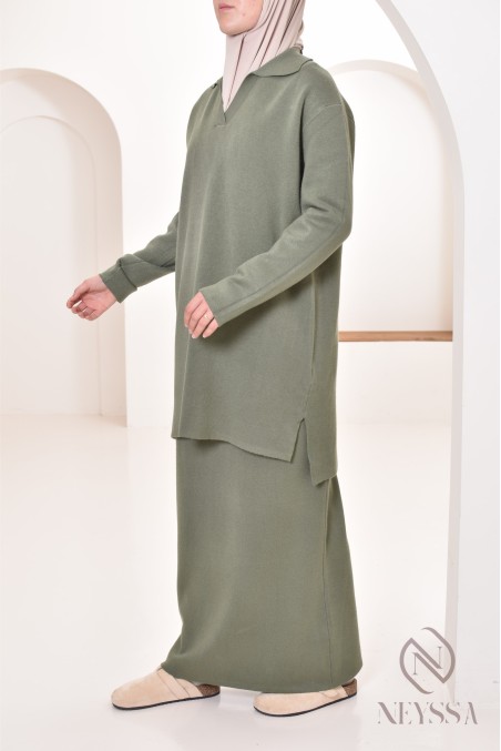 Ensemble 2 pièces femme jupe et haut long façon polo, outfit hiver 