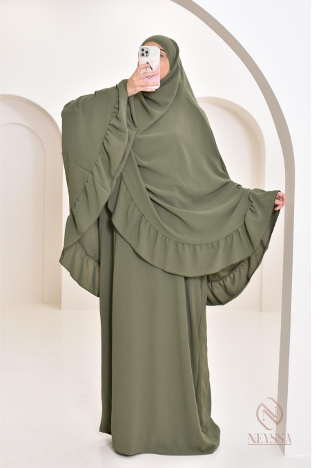 Ensemble abaya khimar 1m80 en jazz, khimar long avec froufrou