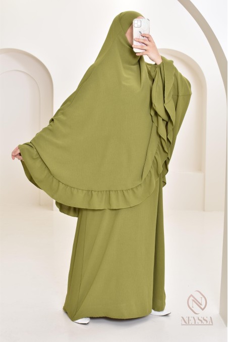 Ensemble abaya khimar 1m80 en jazz, khimar long avec froufrou