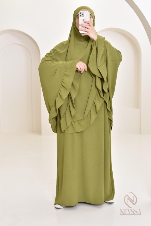Ensemble abaya khimar 1m80 en jazz, khimar long avec froufrou