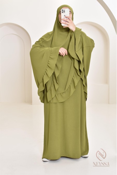 Ensemble abaya khimar 1m80 en jazz, khimar long avec froufrou