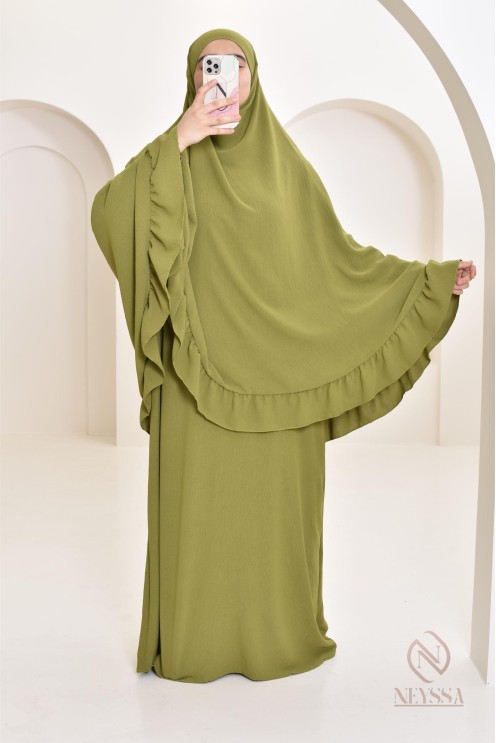 Ensemble abaya khimar 1m80 en jazz, khimar long avec froufrou