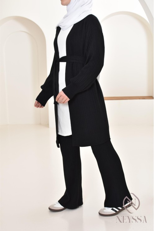 Ensemble femme modeste gilet long avec pantalon en maille