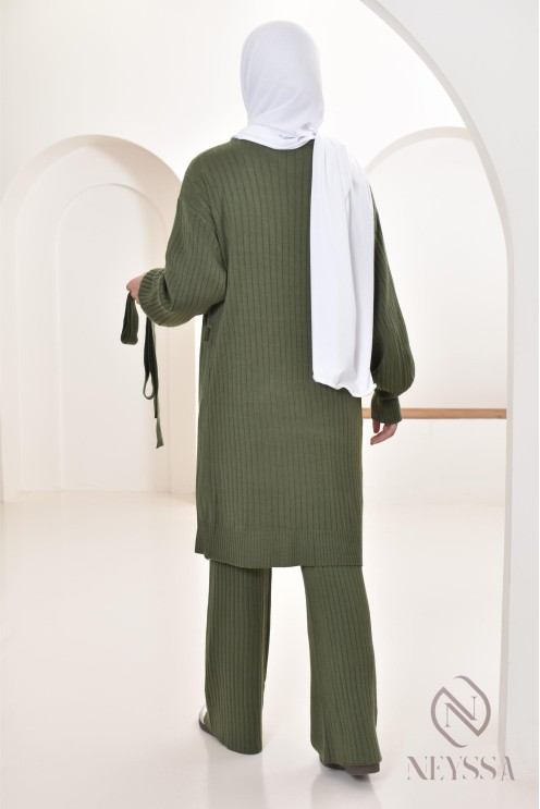 Ensemble femme modeste gilet long avec pantalon en maille