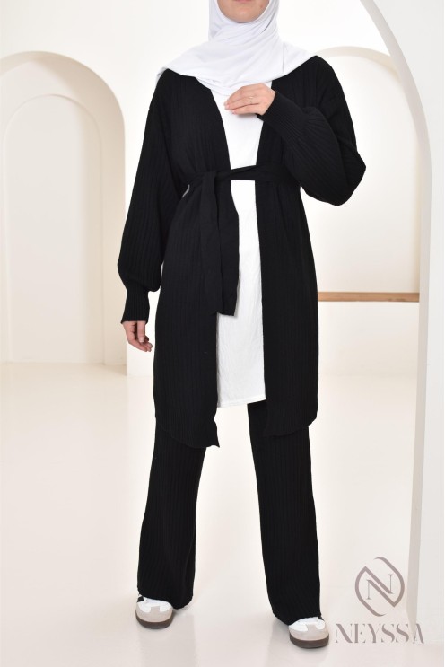 Ensemble femme modeste gilet long avec pantalon en maille