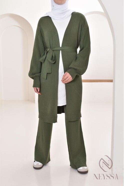 Ensemble femme modeste gilet long avec pantalon en maille