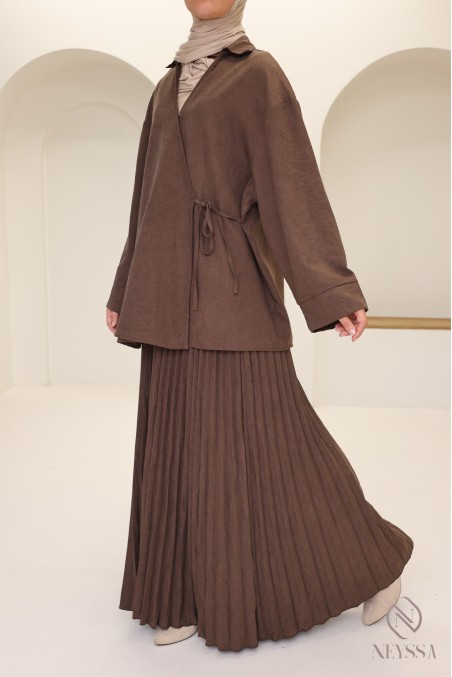 Brown 2-piece suede-effect set for trendy veiled women