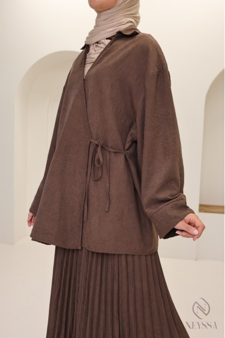 Brown 2-piece suede-effect set for trendy veiled women