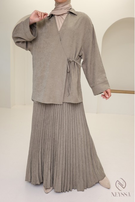 2-piece taupe set with long pleated skirt and wrap top