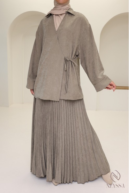 2-piece taupe set with long pleated skirt and wrap top