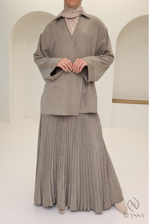 2-piece taupe set with long pleated skirt and wrap top