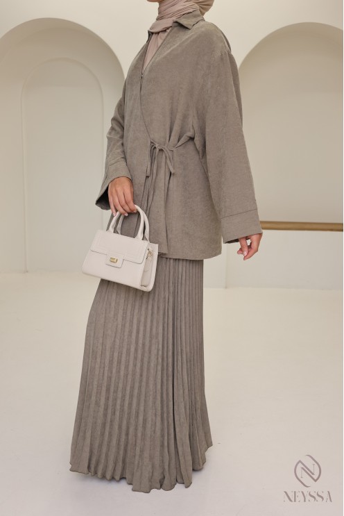 2-piece taupe set with long pleated skirt and wrap top