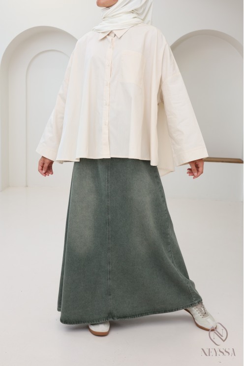 Long khaki denim skirt without slits for modest women