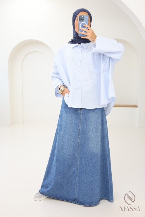 Long raw denim skirt without slits for modest women
