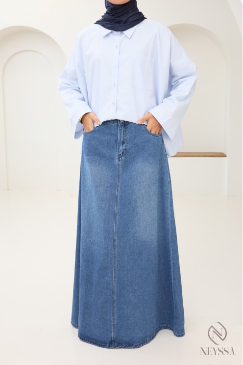 Long raw denim skirt without slits for modest women