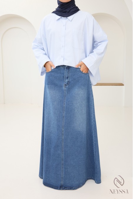 Long raw denim skirt without slits for modest women
