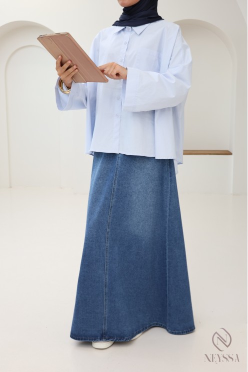 Long raw denim skirt without slits for modest women