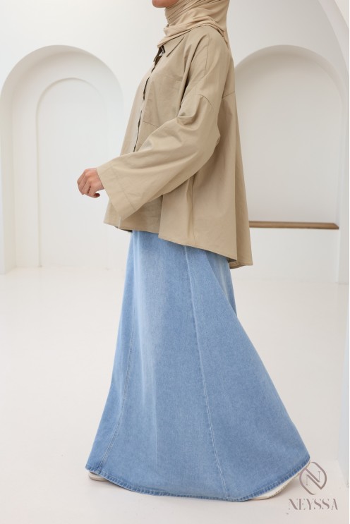 Long denim skirt for hijabi women, flared cut