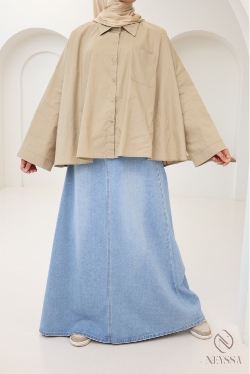 Long denim skirt for hijabi women, flared cut