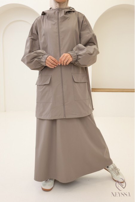 Women's taupe water-repellent fabric set, oversized jacket + skirt