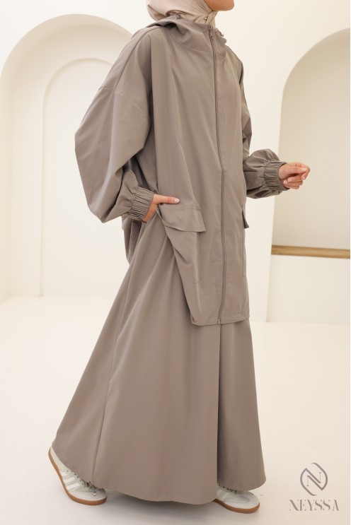 Ensemble femme taupe tissu hydrofuge, veste + jupe oversize