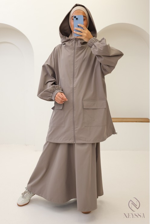 Women's taupe water-repellent fabric set, oversized jacket + skirt