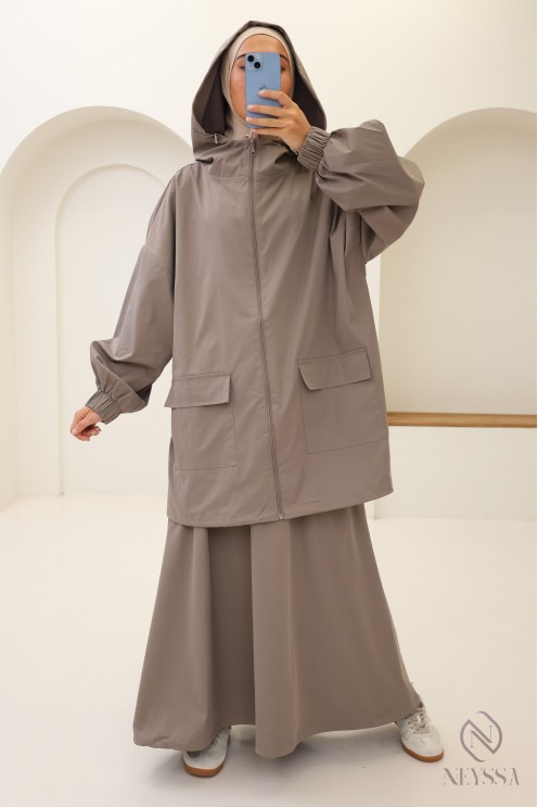 Ensemble femme taupe tissu hydrofuge, veste + jupe oversize