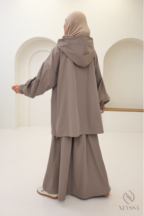 Ensemble femme taupe tissu hydrofuge, veste + jupe oversize