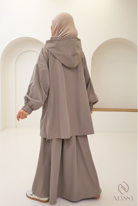 Women's taupe water-repellent fabric set, oversized jacket + skirt