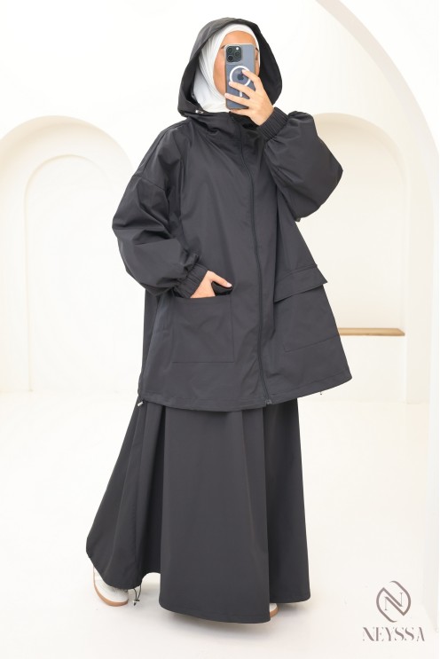 2-piece windbreaker set, hooded jacket + loose skirt