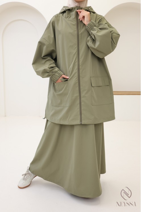 Ensemble femme 2 pièces, veste zip à capuche et jupe ample