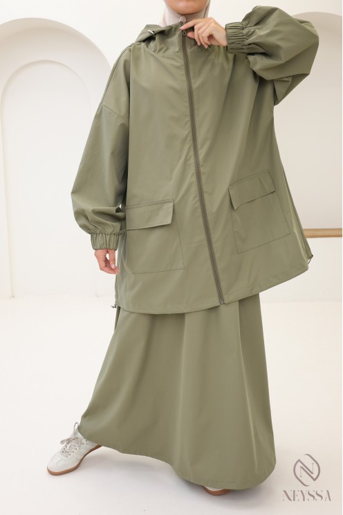 Ensemble femme 2 pièces, veste zip à capuche et jupe ample