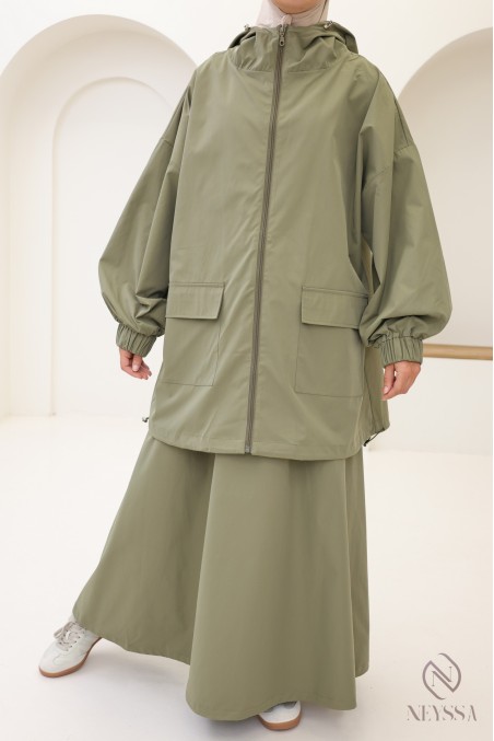Ensemble femme 2 pièces, veste zip à capuche et jupe ample