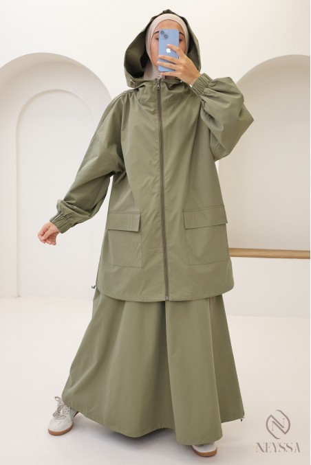 2-teiliges Set für Damen, Jacke mit Reißverschluss und Kapuze und Rock