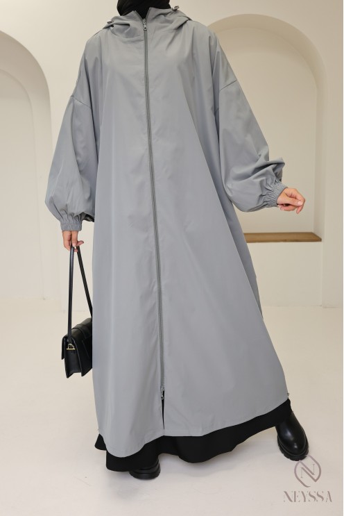Lange graue Damenjacke mit Kapuze, wasserabweisender Stoff