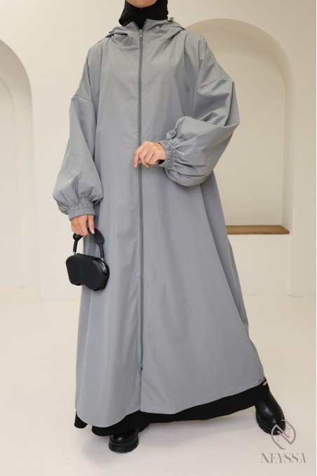 Lange graue Damenjacke mit Kapuze, wasserabweisender Stoff