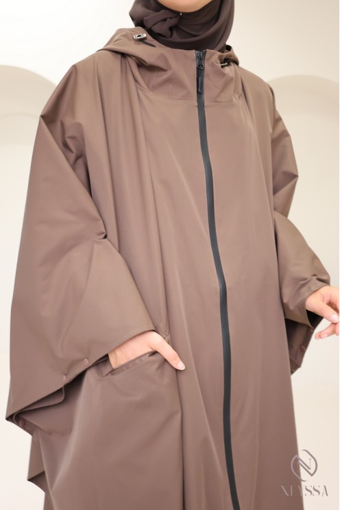 Poncho marron déperlant avec fermeture zippée, jilbab friendly