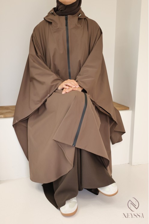Poncho marron déperlant avec fermeture zippée, jilbab friendly