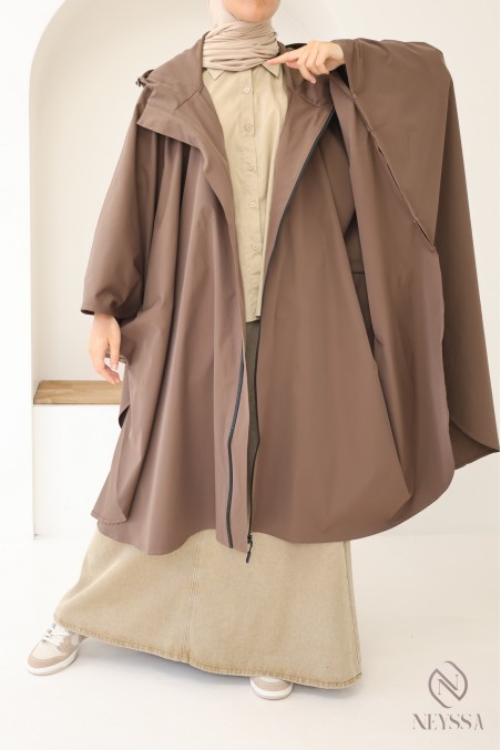 Poncho marron déperlant avec fermeture zippée, jilbab friendly