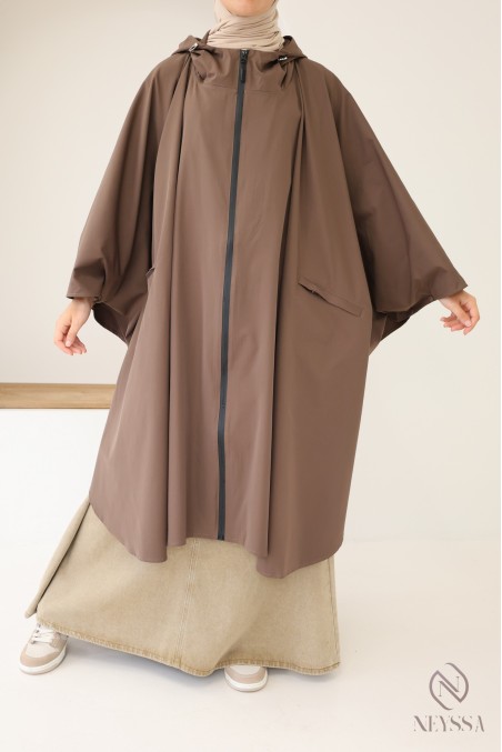 Poncho marron déperlant avec fermeture zippée, jilbab friendly