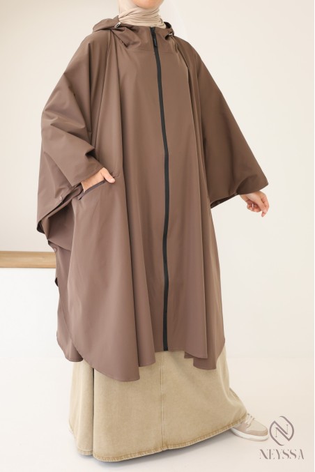 Poncho marron déperlant avec fermeture zippée, jilbab friendly