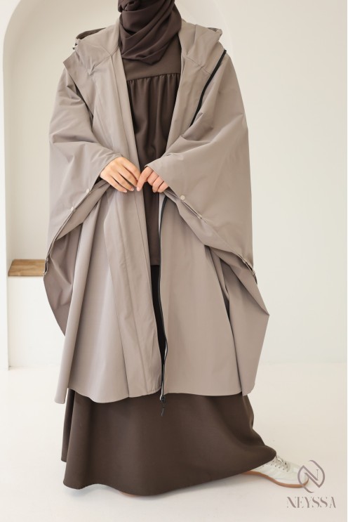 Large water-repellent taupe poncho with hood and zip fastening