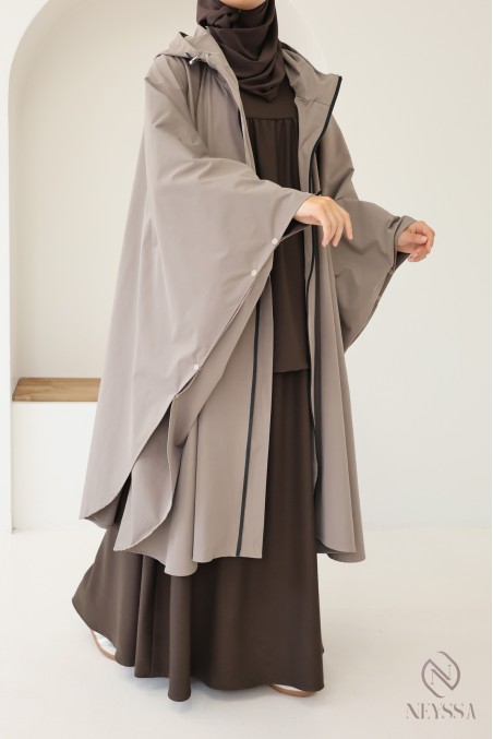 Large water-repellent taupe poncho with hood and zip fastening