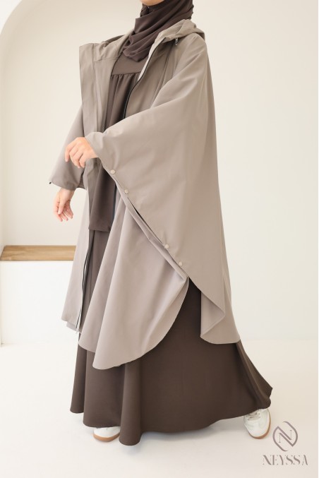 Large water-repellent taupe poncho with hood and zip fastening