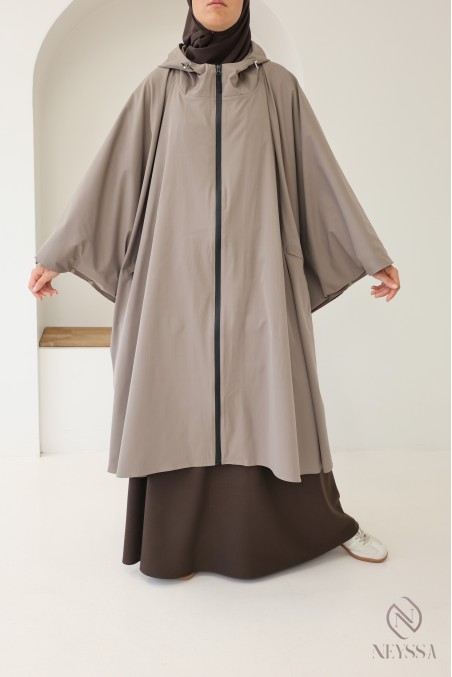 Large water-repellent taupe poncho with hood and zip fastening