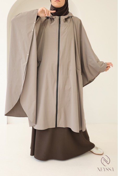 Large water-repellent taupe poncho with hood and zip fastening